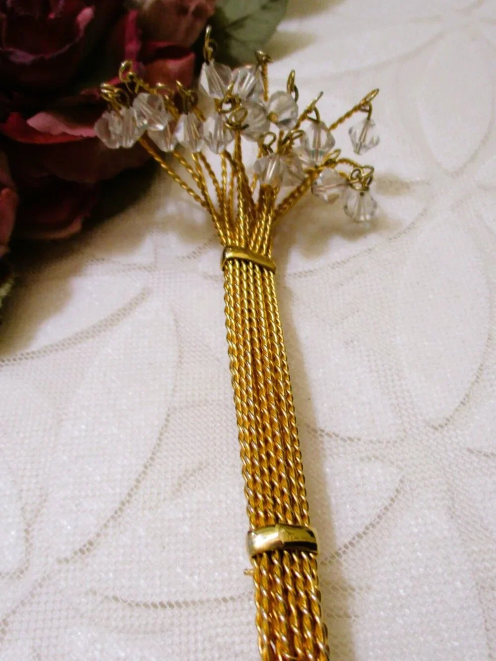 VINTAGE Fountain Spray Brooch: Gold Plate Crystal Dangle Statement Jewelry